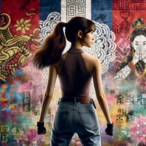 Attractive, Asian teenage girl, long brown hair and bangs, wearing tight skinny jeans and a halter top paint marks on her clothing, backside view heroic pose Asian graffiti