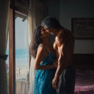Hyperrealism painting.a muscular sweaty indian  man  standing in...