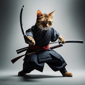 A samurai cat wielding a katana in a dynamic battle stance