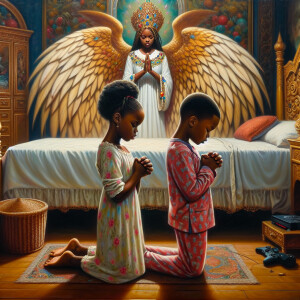 An oil painting of two African-American children with dark skin,...