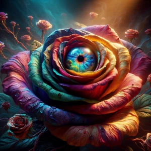 A Multi-colored Rose, the petals shifting hues from deep crimson...