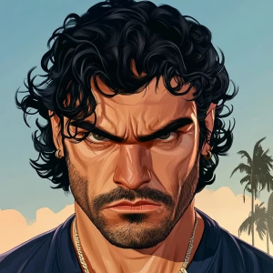 A man with black curly hair, medium amount of hair, large eyebro...