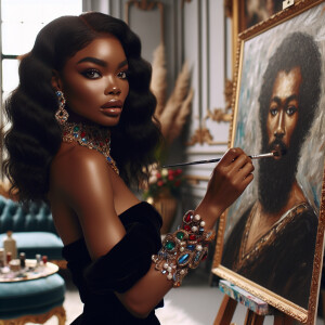 In a high-class, elegantly decorated studio, a very light-skinne...