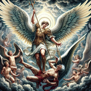 Archangel Michael defeating Lucifer with a trident