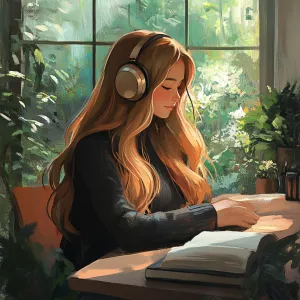 The image depicts an illustration of a young woman with long, li...