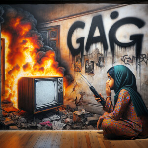 A beautiful girl being hypnotized by a tube TV. The word “GAG” i...