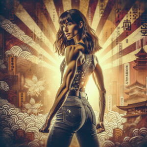 Athletic Thin skinny Attractive, Asian teenage girl, long brown hair and bangs, wearing tight skinny jeans and a halter top paint marks on her clothing, heroic pose Asian graffiti background, backside view