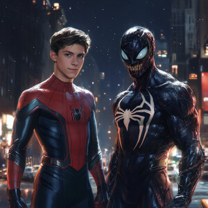 Two handsome men standing next to each other under a starry New...