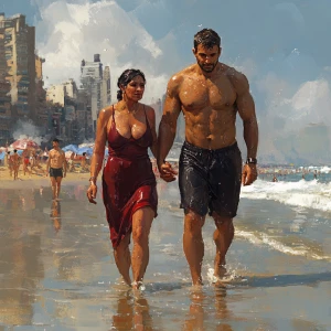 Photo-realism,fantasy.a muscular sweaty man walking  with his 50...