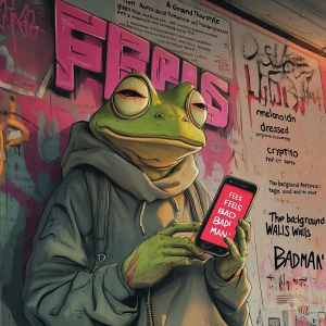 "A Grand Theft Auto-style illustration of a humanoid green frog...