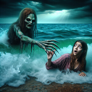 Scary Mermaid pulls a girl into the water by the hand