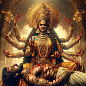 portrait of angry looking, four-armed indian goddess  sitting on a gold crown and carrying a weak mahishasur on her lap and poking his abdomen with her amazingly long red fingernails . She is wearing gold armor, a huge gold crown, gold saree, abundant  gold jewelry, covered in blood. The scene is set in ancient India. The image is 8K resolution, cinematic, photography, ultra detailed face and epic.