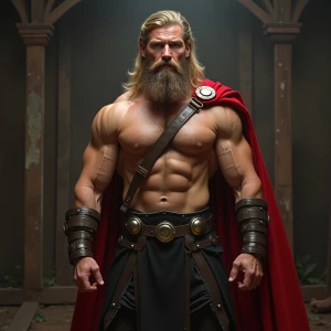 muscular hairy Thor showing off bulge the mirror and