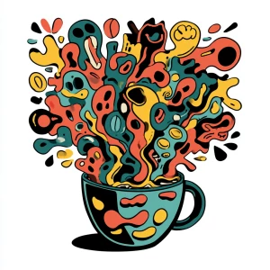 overflowing coffee cup with chaotic swirling steam transforming...