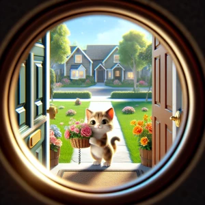 Design a viewpoint through a peephole showing a charming kitten...