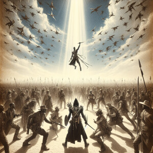 Imagine a vast desert landscape, blue skies fill he top half. Be...