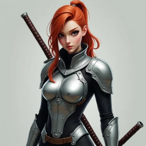 Create an image of an attractive redhead female samurai wearing...