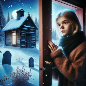 A girl with blond hair opens the door of a house, looks at a lon...