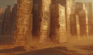 a futuristic ancient library standing alone in a vast desert was...