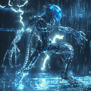 A fluorescent blue metallic alien with multiple arms and eyes, g...