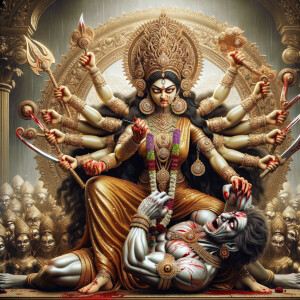 an angry and gorgeous goddess durga sitting on a golden throne and slaying mahishasur by carrying him on top her lap and stabbing him with her long red fingernails. gold jewelry all over her body. she has eight arms. Mahishasur has wounds. Background is intense battlefield. Ultra detailed face, hyper realistic photography, Epic scene. 4k, HDR