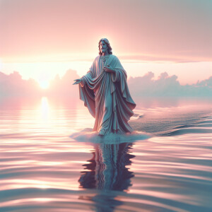 Describe a serene scene where Jesus defies the laws of nature by...