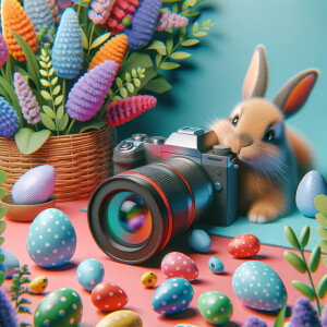 Create some ultra photorealistic images inspiring Easter, include some eggs and bunny , vivid colors, 9:16