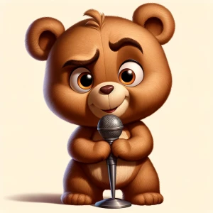 A mean but cute teddy bear character holding a mic