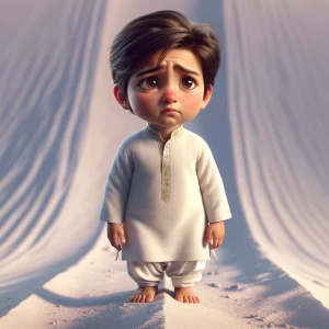 A little boy wearing white kurta pajama standing at the bottom o...