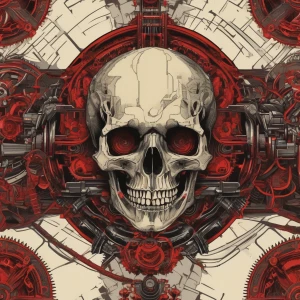 A biomechanical skull with a scythe-like horn curving forward, g...