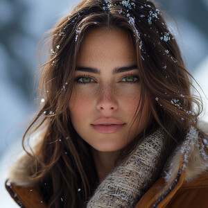 Beautiful woman, brown hair, green eyes, hispanic, snow mountain...