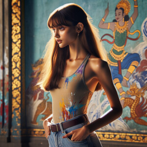 Athletic Thin skinny Attractive, Asian teenage girl, long brown hair and bangs, wearing tight skinny jeans and a halter top paint marks on her clothing, heroic pose Asian graffiti background, side view