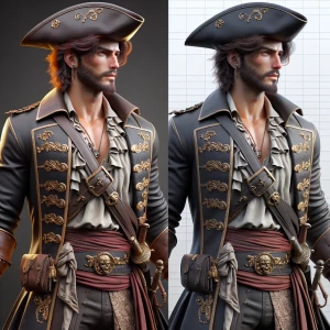 A handsome pirate, featuring chiseled facial features and a conf...