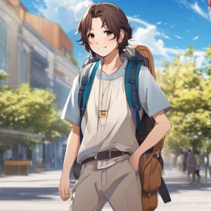 A single anime-style character in casual clothing, holding a backpack and smiling under a bright blue sky.