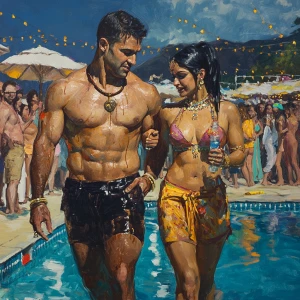 Fantasy painting,a muscular beefy sweaty man walking with his 51...