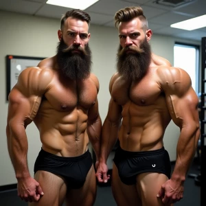 Two muscular bodybuilders with thick, full beards standing side...