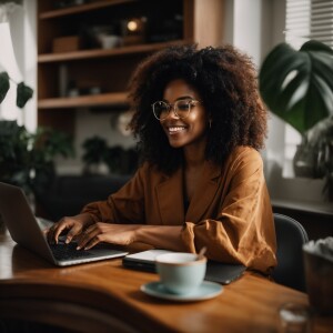 Visualize a confident and beautiful Black woman working on her M...