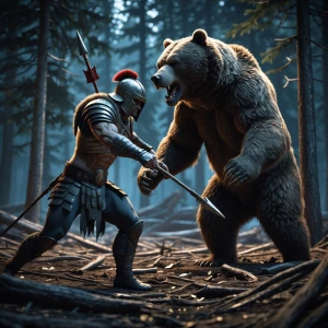 "Imagine a gritty clash where a Spartan warrior, muscles tense a...