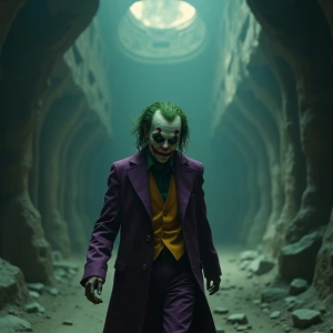 A decayed Lovecraftian Joker with skeletal features and stringy...