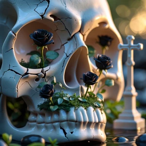 A close-up shot of a cracked ceramic skull , its sharp edges fra...