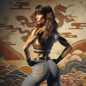 Athletic Thin skinny Attractive, Asian teenage girl, long brown hair and bangs, wearing tight skinny jeans and a halter top paint marks on her clothing, heroic pose Asian graffiti background, backside view