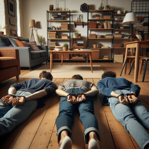 3 caucasian male youth handcuffed, laying face down on the groun...