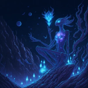 A stylized 2D illustration of an alien witch meditating on a cry...