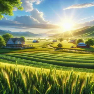 Finca soleada con extensos campos verdes y un rancho al fondo ba...