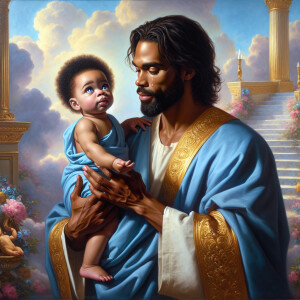 Classical oil painting style depicting an African-American Jesus...