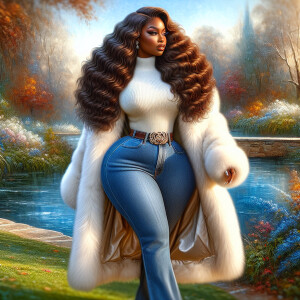 Craft a 4K glossy oil painting portraying a regal, plus-size Afr...