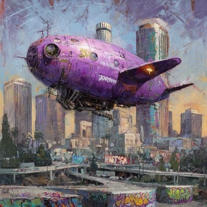 A purple ominous small spacecraft with no wheels floats above L...