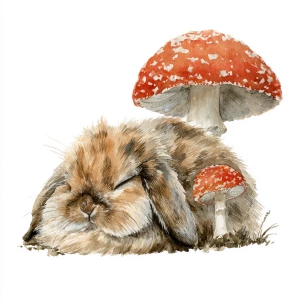 Fluffy brown rabbit sleeping under red spotted mushroom, soft wa...