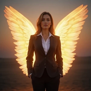 Create an image of a female guardian angel donned in a professio...