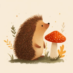 Cute hedgehog sitting calmly beside spotted mushroom, vintage il...